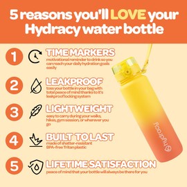 Hydracy Water Bottle with Time Marker -Large 32oz BPA Free Water Bottle -Leak Proof Gym Bottle with Fruit Infuser Strainer & Times to Drink - Gradient Yellow Coral