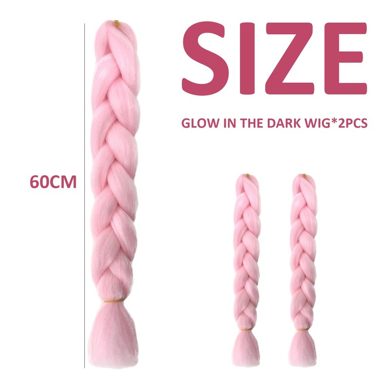 2 Pieces Bright Pink Wigs 60cm Glow in the Dark
