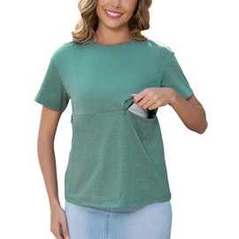 Ecavus Women's Zip Nursing Tops Short Sleeve Breastfeeding Shirts Comfortable Loose-Fit Mama Clothes Heather Green