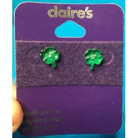 Claire's One Pair Of Claire's Sterling Silver Green Clover Lucky Pierced Earrings New!