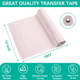 Clear Vinyl Transfer Paper Tape Roll-Red Alignment Grid Clear，Transfer Paper for Cricut Silhouette Cameo Transfer Paper for Adhesive Vinyl/Decals/Signs/Windows/Stickers (12 x 50 FT)