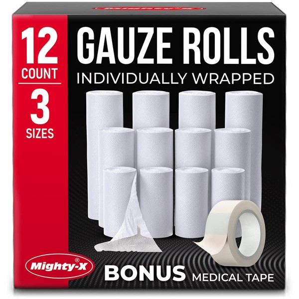 Premium Gauze Rolls - 12pk/3 Sizes Rolled Gauze - [4x2”, 4x3”, 4x4”] - 4.1yd Length - Individually Wrapped
