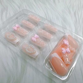 24PCS/1BOX Long Square Fake Nails French Tip Press On Nails White Pearl French False Nails Tips Medium Pink Bow Pearls Press On Glue on Nails Full Cover Cute Stick on Nails for Women