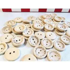 Mefuny 100 Pieces Handmade with Love Wooden Button Round Shape 2 Holes Wood Buttons for Sewing and DIY Crafting Decorations（20mm）