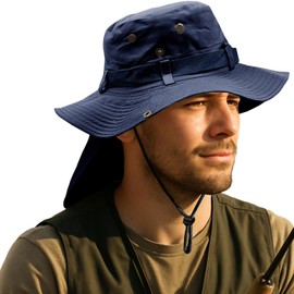 Men Women UPF 50+ Sun Protection Boonie Bucket Hat – Wide Brim Fishing Hat with Neck Flap (US, Alpha, One Size, Navy Blue)