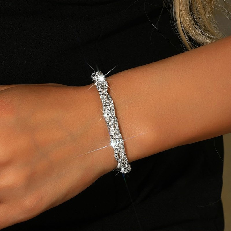 Douxsu Bling Rhinestone Stretch Tennis Bracelet for Women, Sparkly Silver