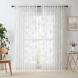Semi-Sheer White Lace Curtains for Bedroom 90 inch Long Country Chic Rose Floral Embroidered Sheer Curtain Panels for Living-Room Leaf Window Drapes with Scalloped Edge 52"w 1 Pair Pencil Pleat