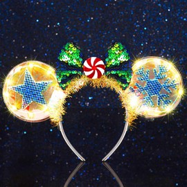JEAIRTS Light Up Christmas Mouse Ears Headband Glow Xmas Bow Hairband Led Snowflake Star Costume Hair Accessories for Women (2-Green-Warm Light)