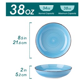 vancasso Bonita Pasta Bowls Set of 6, 38 oz Shallow Bowls, 8.5 Inch Ceramic Pasta Plates and Salad Bowls, Microwave & Dishwasher Safe Serving Bowls, Blue