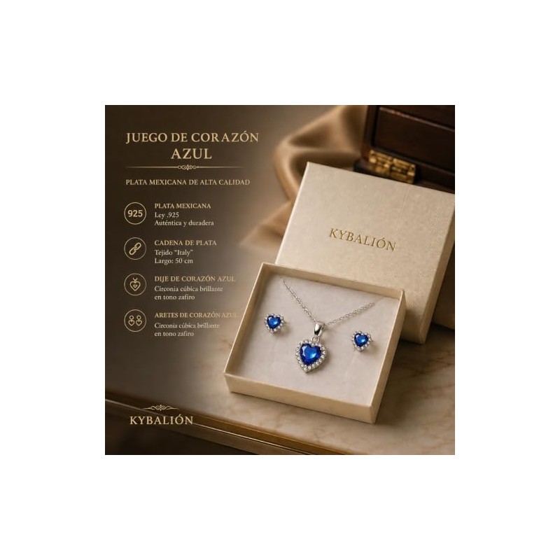 Conjunto de Collar, Dije y Aretes Plata 925 Corazón Azul