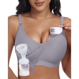 As Fairy Wireless Seamless Pumping Bra Hands Free Nursing Bra Wirefree Comfort Wearable Breast Pump Bra Regular Plus Size (Grayish Blue M Plus)