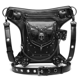 Steampunk Waist Bag Fanny Pack Thigh Holster Purse Gothic Leather Shoulder Crossbody Hiking Chain Messenger Bag, HG-Y097-B, Small