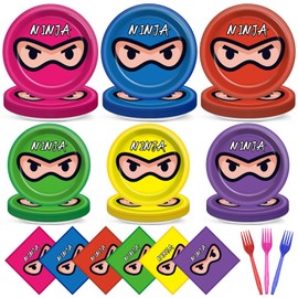 Justforjoyful 96Pcs Ninja Birthday Party Supplies Ninja Warrior Plates Napkins Party Decorations Ninja Master Tableware Set Karate Dinnerware for Kids Boys Girls Birthday Party Favor for 24 Guests