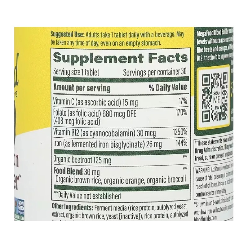 Megafood Hierro Constructor De Sangre 30 Tabletas Sabor Sin Sabor