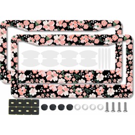 2PCS Pink Floral Pattern License Plate Frames for Men Women - Universal Flowers Aluminum Stainless Steel Car Tag Covers Holder with Screws, Caps, Rattle Proof Pads and Handlebar Stickers