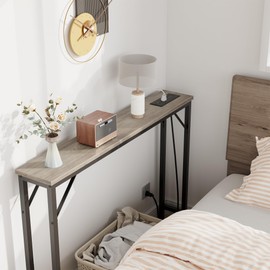 GarveeLife 39.4" Skinny Console Table with Charging Station - Narrow Behind Couch Table w/ 2 Outlets & 2 USB Ports, Slim Entryway Table for Small Spaces, Living Room, Grey