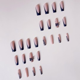 FIEONCIY Press on Nails Long Coffin Shaped Acrylic Glossy Full Cover Long Square French False Nails with Designs Artificial Extra Long Fake Nails with Charms Glue ons Fingernails for Women(S436)