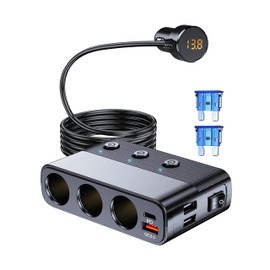 LIHAN 7 in 1 Cigarette Lighter Splitter, LIHAN 3 Socket Car Charger Adapter, Type-C QC3.0 PD 30W Charging, Dual USB Charging Ports, Independent Switches, LED Voltmeter, Plug Outlet 12V/24V(3.3ft Cable)