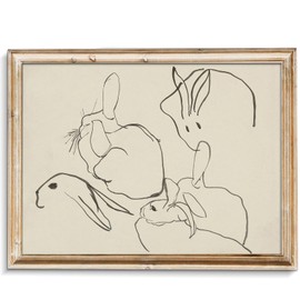 uniro Abstract Easter Bunnies Wall Art Decor, Animal Rabbit Drawing Etching Rustic Picture, Vintage Farmhouse Decor Bunny Sketch Drawing, Minimalist Mid Century Country Room Decor (8" x 10"-UNFRAMED)