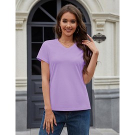 YUCOLEN V Neck T Shirts for Women Short Sleeve Basic Tees 2025 Trendy Vacation Streetwear Cotton Spring Outfits Tops Purple S