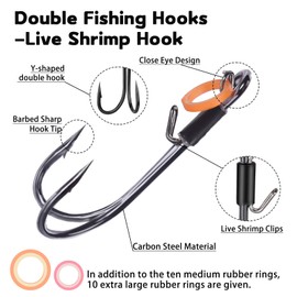 9 km DWLIFE - Ganchos de pesca para camarones vivos, 10 ganchos de pesca dobles, señuelo magnético, anzuelos de pesca de agua salada