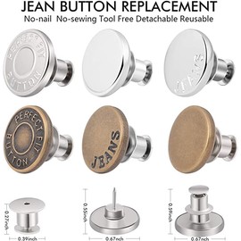 12 Sets Button Pins for Jeans, Jean Buttons Pins for Loose Jeans, No Sew and No Tools Instant Replacement Snap Tack Pant Button, Ceryvop Reusable and Adjustable Metal Pants Button Tightener