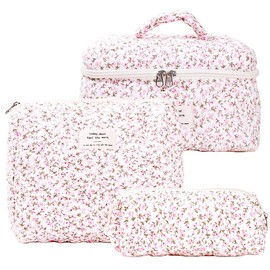 3PCS Makeup Pouch Large Cosmetic Pouch Bag with Handle Cute Floral Small Makeup Bag for Purse, Quilted Cotton Skincare Storage Bag Travel Makeup Bag Set for Women, Bridesmaids, Gifts, Pink