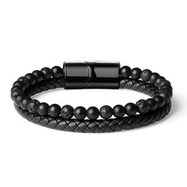 Adorashine Men's Braided Leather Bracelet, Black Stainless Steel Cuff Wristband, Adjustable Biker Style Gift for Men (Black beads)