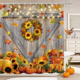 MEHOFOMD Fall Thanksgiving Shower Curtain, Rustic Autumn Pumpkins Wood Barn Door Sunflowers Shower Curtain Fall Thanksgiving Harvest Farmhouse Holiday Bathroom Decor Set with Hooks,72x72 in