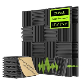 EEKIYA Sound Proof Foam Panels for Walls w/Self-Adhesive, Quick-Recovery Acoustic Panels Sound Absorbing, Sound Proofing Panels for Recording Studio, Home, Office (24pack, 12"x12"x2", 3D Grooves)