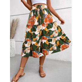 Adigaber Long Skirt Women's Elastic Waist Skirt Floral Print Skirt with Drawstring Holiday Summer Skirt Beach Dresses, Army Green, XL