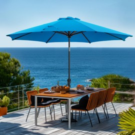 wikiwiki 9 FT Patio Umbrellas Outdoor Table Market Umbrella with Push Button Tilt/Crank, 8 Sturdy Ribs, Fade Resistant Waterproof POLYESTER DTY Canopy for Garden, Lawn, Backyard & Pool, Imperial Blue