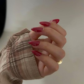 Christmas Red Press on Nails Short Almond Shaped, SXVME 30 Pcs Thick Short Fake Nails Press on Natural Acrylic False Nails Custom Solid Color Glue on Nails Medium Natural Fit Stick on Nails For Women