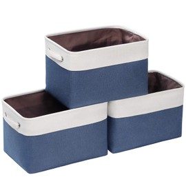 Kntiwiwo Foldable Storage Bins 15" x 10" x 9.5" Fabric Storage Basket Cube with Handles Large Linen Closet Organizer Bins for Organizing Shelf Home, Set of 3, Blue