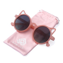 AAWAAP Kids Sunglasses Polarized UV Protection Round Shaped Cat Ears Toddler Sunglasses Age 2-10 Baby Girls Boys Party Favor (Pink)