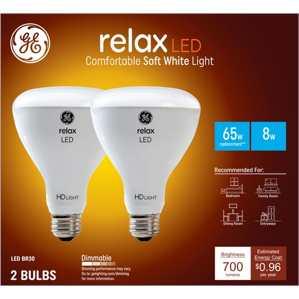 GE Lighting Relax LED Floodlight Bulb, 8 Watts (65 Watt Equivalent) Soft White HD Light, Medium Base, Dimmable (2 Pack)
