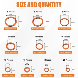 WEGOUP Copper Washers, 100 PCS Copper Washer Assortment Kit – 10 Different Sizes Flat Sealing Crush Washers (M5-M20) for Automotive, Plumbing, Electrical, Mechanical, and Oil Drain Plug Applications