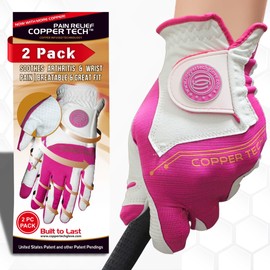 Copper Tech Ladies Golf Glove Women 2 Pack | Copper Compression Wrist & Joint Support | Flexible & Comfortable Fit with Premium Leather Construction | Reinforced Palm Pad for Tacky Grip & Traction