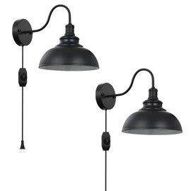 Black Gooseneck Industrial Wall Sconces E26 Base with Plug in Wall Lamp Dimmer Switch Vintage Style Wall Light Fixture for Farmhouse Bedroom Bedside Nightstand Headboard Porch Garage of 2 Set Packs