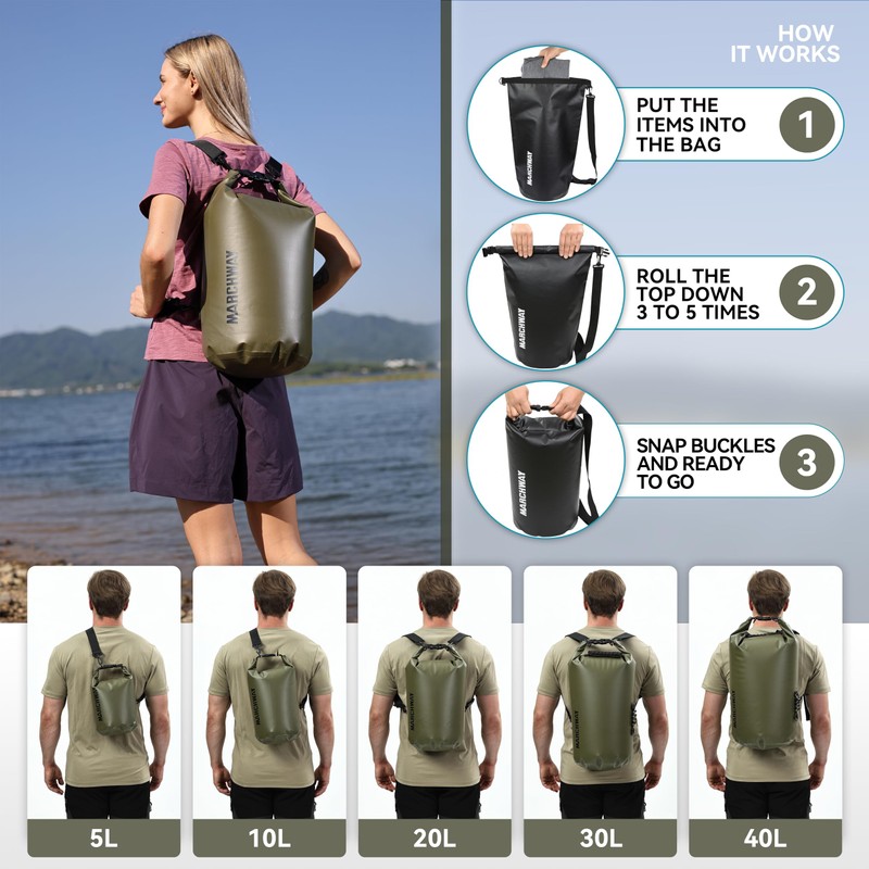 MARCHWAY Floating Waterproof Dry Bag Backpack 5L/10L/20L/30L/40L, Roll Top Sack