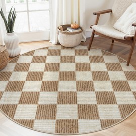 LIVEBOX Checkered Round Rug 6 Ft Washable Area Rug for Playroom, Kids Non-Slip Neutral Classic Circle Rug Geometric Large Carpet Soft Boys Rug for Classroom Dorm Bedroom(Brown,180R)