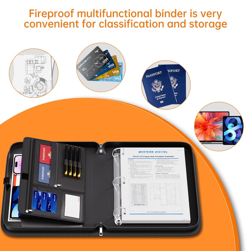 Tamfile Fireproof 3 Ring Binder with Zipper, 1.5 Inch D