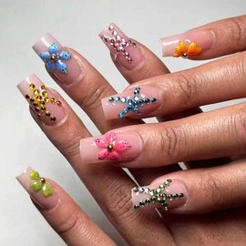 MISUD Short Press on Nails Square Fake Nails Glossy Glue on Nails Colorful Starfish Flower Acrylic Nail Supplies Squoval Artificial Nail Art Rhinestone Stick on False Nails with Design DIY 24 pcs