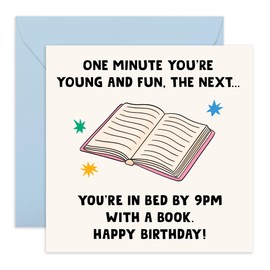 Funny Birthday Card – 'Bed by 9PM with a Book' – Greeting Card for Book Lovers, Friends, Family, Him,Her, Men, Women– Indication of Growing Old