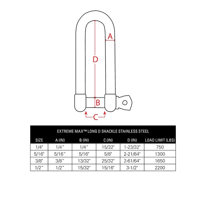 Extreme Max 3006.8201.2 BoatTector Stainless Steel Long D Shackle -