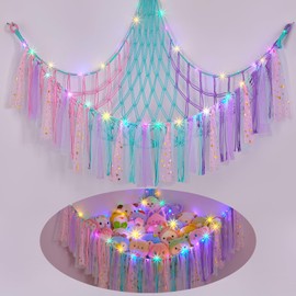 MHJY Toy Hammock Stuffed Animals Storage Net Soft Cuddly Toys Large Corner Hanging Net With LED Light Hand Woven Plush Macrame Organizer with Tassel for Kids Bedroom Nursery