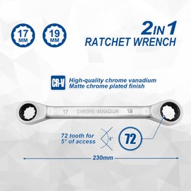DAKCOS 2 in 1 Ratchet Wrench 17 x 19 mm Double Ratchet Ring Spanner Made of CR-V with Matt Chrome Surface
