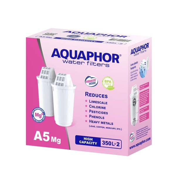 AQUAPHOR Filter Cartridge A5 2 Pack with Magnesium | Filters Limescale, Chlorine, Heavy Metals | 350L Clear Water | AQUALEN Technology for Better Tasting Food & Drink | Replacement for A5 Filter Jugs