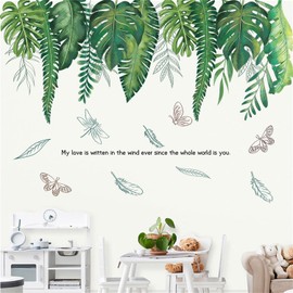 Scandinavian Fresh Plant Sticker Large Tropical Green Leaves Turtle Bamboo Wall Sticker Painting Style Decoration Butterfly English Letters Stylish Wallpaper Removable Removable Wall Sticker DIY Decor