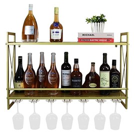 FLRH Industrial Wall Mounted Wine Racks with Glass Holder, 31.5in Rustic Metal Multipurpose Shelves, 2-Tiers Wall Mount Hanging Wine Holder Wine Accessories, Bottle Holder Glass Rack Wall Shelf